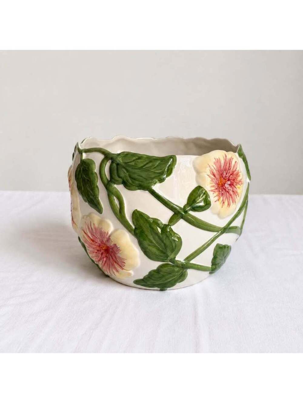 Vintage Ceramic Hibiscus Flower Planter Cachepot Raised Floral Botanical Pot